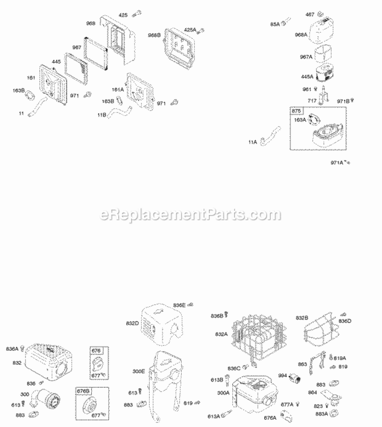 Air Cleaner Controls Exhaust System Diagram and Parts List for  Briggs and Stratton Engine